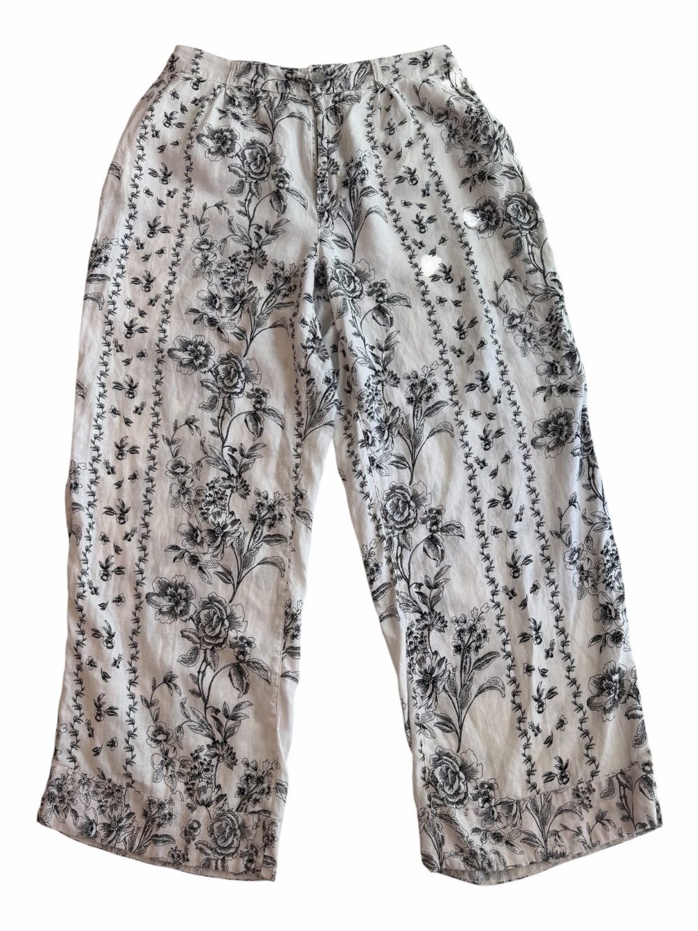 Joie 100% Linen Black & White Floral Wide Leg Pants XL